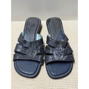 Clarks Leather Upper Blue Slide Sandals‎ Women's Size 7.5M Comfort Shoes